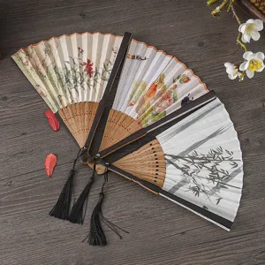 Traditional Chinese folding fan with linen fabric surface, elegant floral and bamboo art paintings.