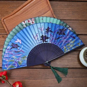 Chinese style silk folding fan with floral butterfly print, elegant dancing fan for Hanfu