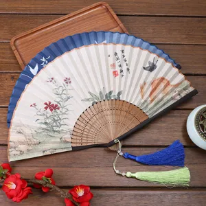 Traditional Chinese Folding Fan Linen Fabric Bamboo Ribs With Tassel Floral Print Oriental Hand Fan For Dancing Party