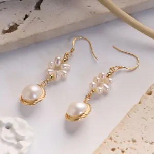 Elegant freshwater pearl 18k gold plated drop earrings, chic handmade floral jewelry gift.