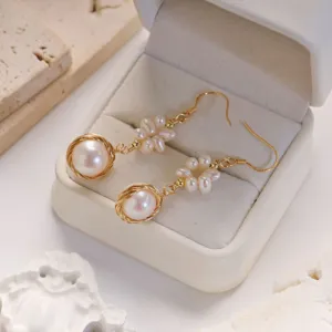 Elegant freshwater pearl 18K gold filled wire wrapped flower hook earrings for women chic