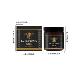 Detail view of tallow honey balm jar and box showing product dimensions and net weight specs.