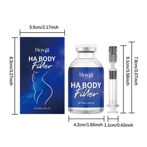 HOYGI HA body filler skincare ampoule set detail showing product bottle and precise dimension specs.