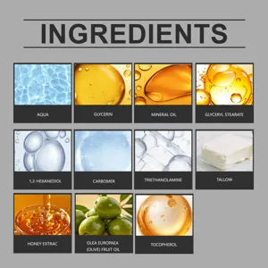 Detailed ingredient chart of moisturizing cream featuring natural extracts like olive oil and tallow.