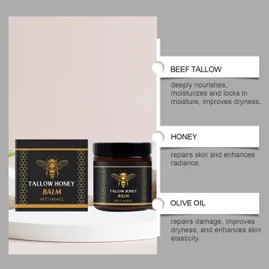 Detail view of tallow honey balm jar showing natural skincare ingredients and texture.