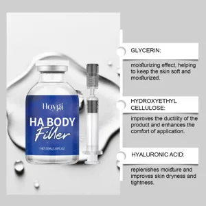 Detailed view of HOYGI body filler bottle and ingredients breakdown showing key skincare benefits.