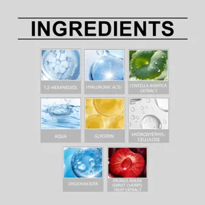 Infografica dettagli ingredienti siero corpo HOYGI con estratti idratanti e nutrienti chiave.