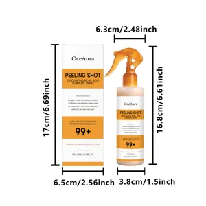 Detailed dimension graphic showing Oceaura exfoliating turmeric spray bottle and box size specs.