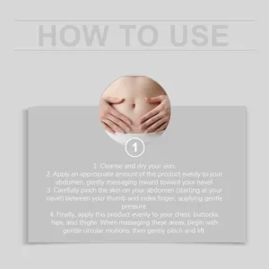 Dettaglio delle istruzioni d'uso dell'essenza corpo con guida al massaggio per addome.