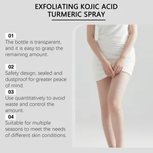 Exfoliating turmeric body spray detail view showing transparent bottle and clean features.