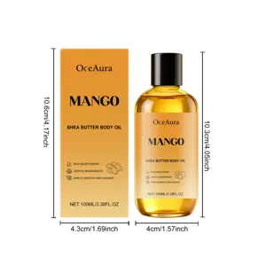 OceAura mango shea butter body oil detail view, 100ml moisturizing skin care product.