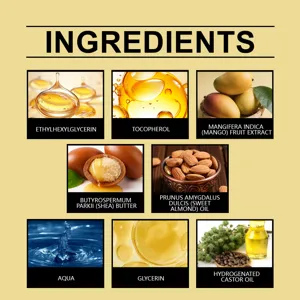 Detailed ingredient view of nourishing body oil featuring natural mango and shea butter extracts.