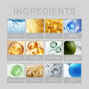Infografía detallada de ingredientes de la crema depilatoria suave con extractos nutritivos.