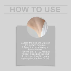 Gráfico de instrucciones que muestra la guía paso a paso para la crema depilatoria de axilas.