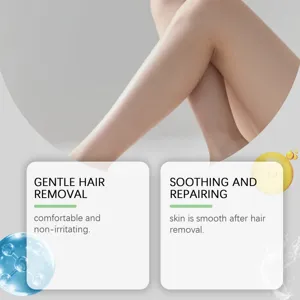 Detalle de crema depilatoria suave, calmante y reparadora para una piel suave y sin irritación.
