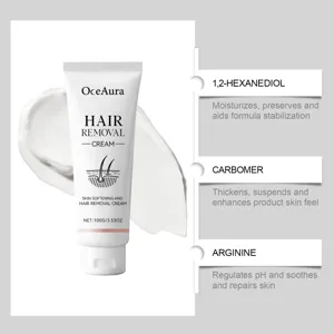 Vista detallada de la crema depilatoria con ingredientes activos y textura suave.