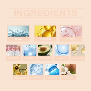 Infographie détaillée montrant les ingrédients cosmétiques incluant eau et huile de coco.