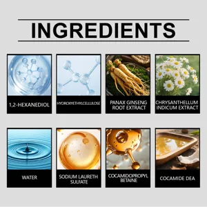 Elenco dettagliato degli ingredienti con estratti di ginseng e camomilla per la cura delle mani.