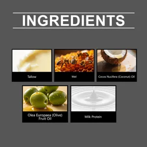 Détail des ingrédients naturels avec suif, miel, noix de coco, huile d'olive et protéine de lait.