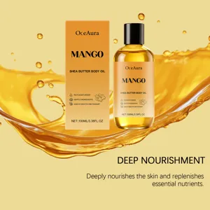 OCEAURA mango shea butter body oil detail view, featuring rich moisturizing and nourishing formula.
