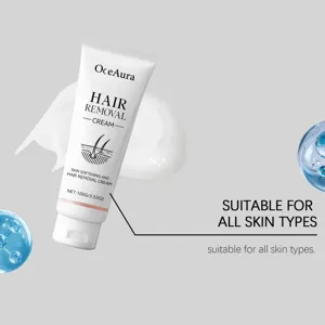 Vista detallada del tubo de crema depilatoria suave OceAura con textura suave y accesorios.