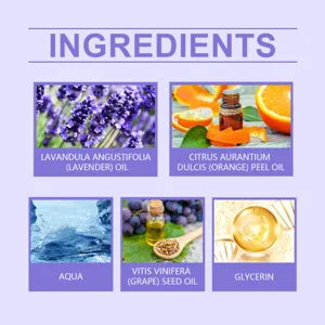 Detailed view of natural lavender body oil ingredients including plant extracts and oils.