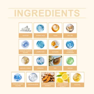 Détail de la liste des ingrédients avec extraits de curcuma et citron pour savon doux.