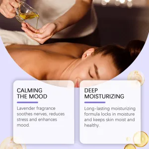 Lavender body massage oil soothing skin moisturizing formula for deep relaxation and care.