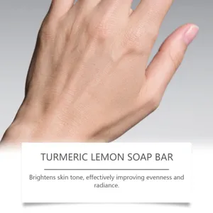Vue détaillée savon citron curcuma effet peau, illuminateur et nourrissant pour le corps.