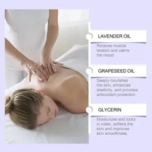 Relaxing lavender body massage oil with grapeseed and glycerin for smooth hydrated skin.
