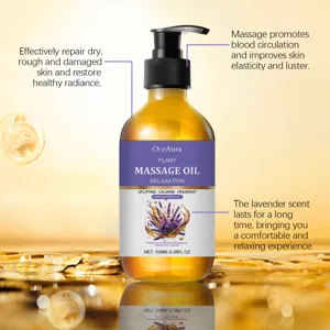 Detailed view of the lavender massage oil bottle highlighting its pump and natural herbal essence.