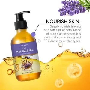 OceAura lavender body massage oil detail view, deeply nourishing plant essence for soft skin.