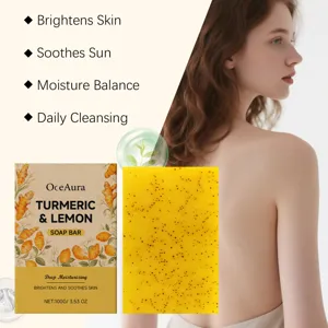 Détail de savon curcuma et citron, hydratation profonde naturelle et éclat de la peau.