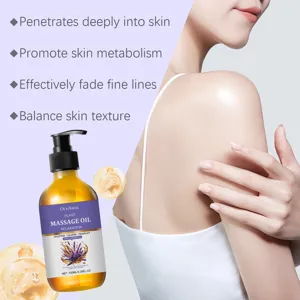 Close-up detail view of lavender plant massage oil bottle with skin benefit texts.