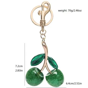 Grüner Glitzer Kirsche Schlüsselanhänger Taschenschmuck Detail mit Maßen und Gewicht.