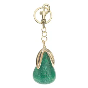 Portachiavi a pera glitter verde con moschettone in metallo dorato e foglie per borse.