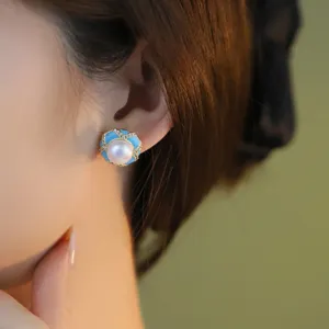 Elegante blaue Emaillierte Perlen Ohrstecker mit Strasssteinen für Damen, schicker Schmuck.
