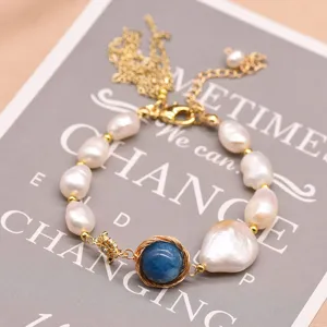 Natural Freshwater Baroque Pearl Kyanite Bracelet Retro Tassel Gold Plated Copper Bangle For Women Boutique Jewelry Gift