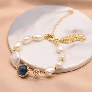 Natural baroque pearl blue crystal bracelet vintage tassel gold jewelry for women