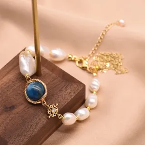 Baroque pearl kyanite bracelet vintage gold tone metal chic jewelry detail view