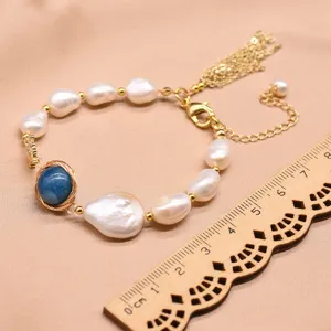 Natural baroque pearl kyanite bracelet vintage tassel chain jewelry for women elegant accessory