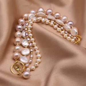 Natürliche Süßwasser Barock Perlen mehrlagiges Armband elegante goldene Schmuck für Damen