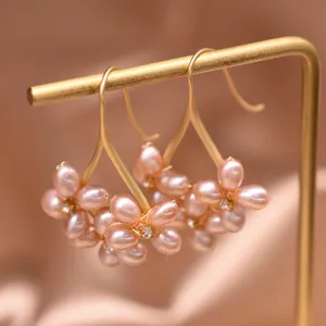Handmade Natural Freshwater Purple Pearl Flower Hook Earrings For Women Retro Gold Plated Copper Floral Rhinestone Drop Earrings
