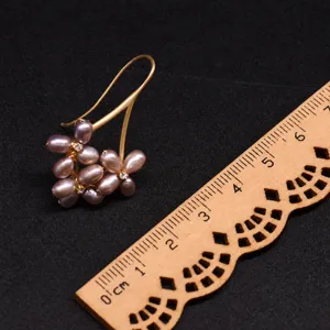 Elegant freshwater purple pearl flower hook earrings, fresh handmade original jewelry design.