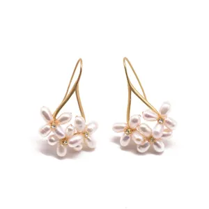 Freshwater pearl flower hook earrings, elegant gold plated design with crystal center for women.