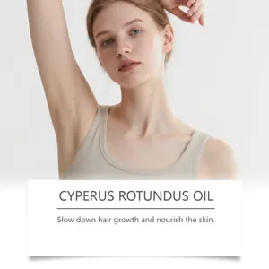 Cyperus rotundus oil detail showing natural hair growth slow down and gentle skin care formula.