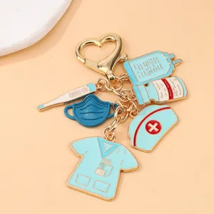 Nurse medical theme metal keychain set cute doctor charm enamel bag pendant accessory