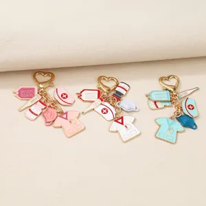Cute medical nurse keychain set featuring scrubs cap thermometer pendants for doctors and cosplay.