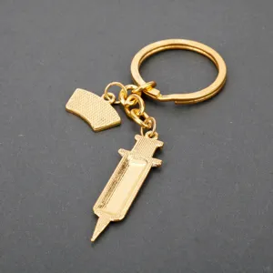 Gold metal syringe keychain nurse doctor medical themed keyring accessory gift fashion