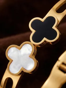 Stainless Steel Gold Plated Clover Bangle Bracelet Black White Shell Jewelry For Women